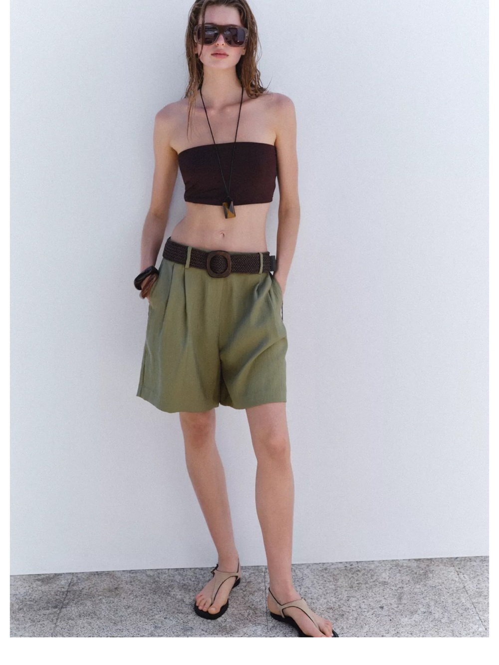 Zara Olive Green High-Waist Pleated Women’s Shorts